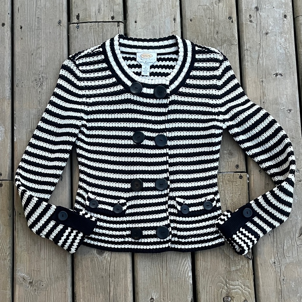 Talbots Petite Navy and White Knit Sweater Cardigan Size Small Petite